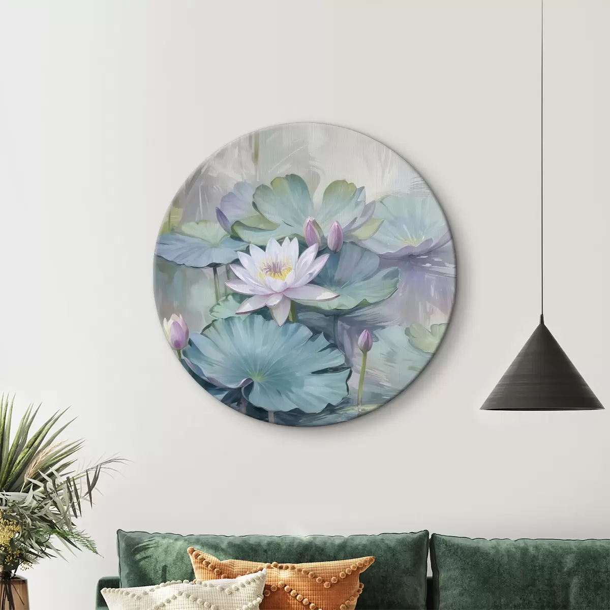 Quadri rotondi Immagine tranquilla di uno stagno con ninfee e fiori dai colori pastello, circondato da foglie di ninfea verdi e rigogliose r40542