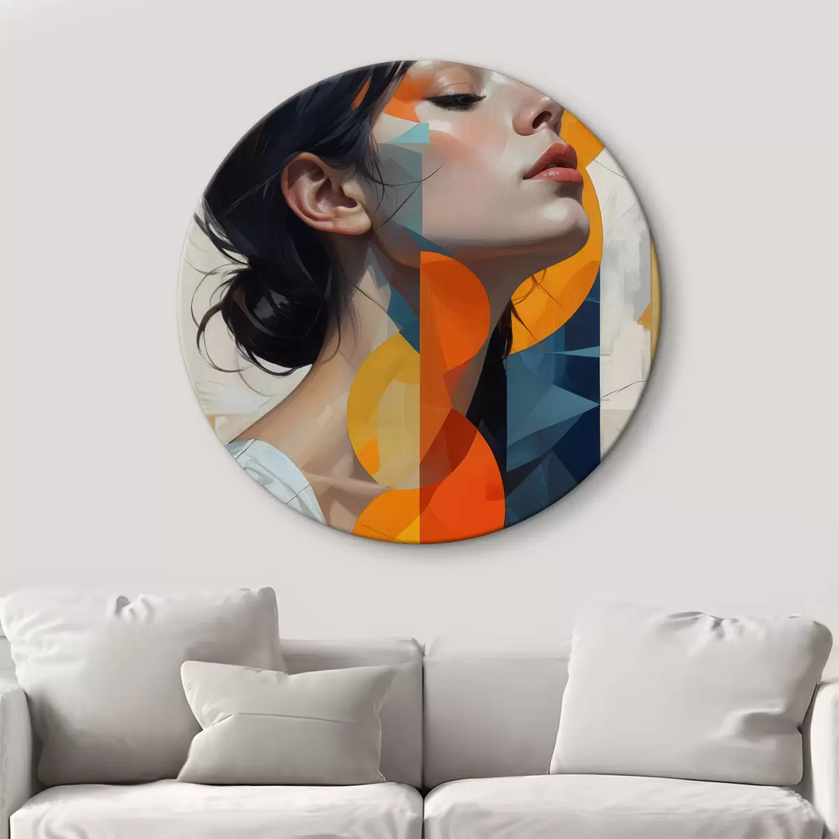 Quadri rotondi Un dipinto astratto che raffigura una donna dai capelli lunghi e scuri, che indossa una camicia bianca con una stampa geometrica colorata r40543