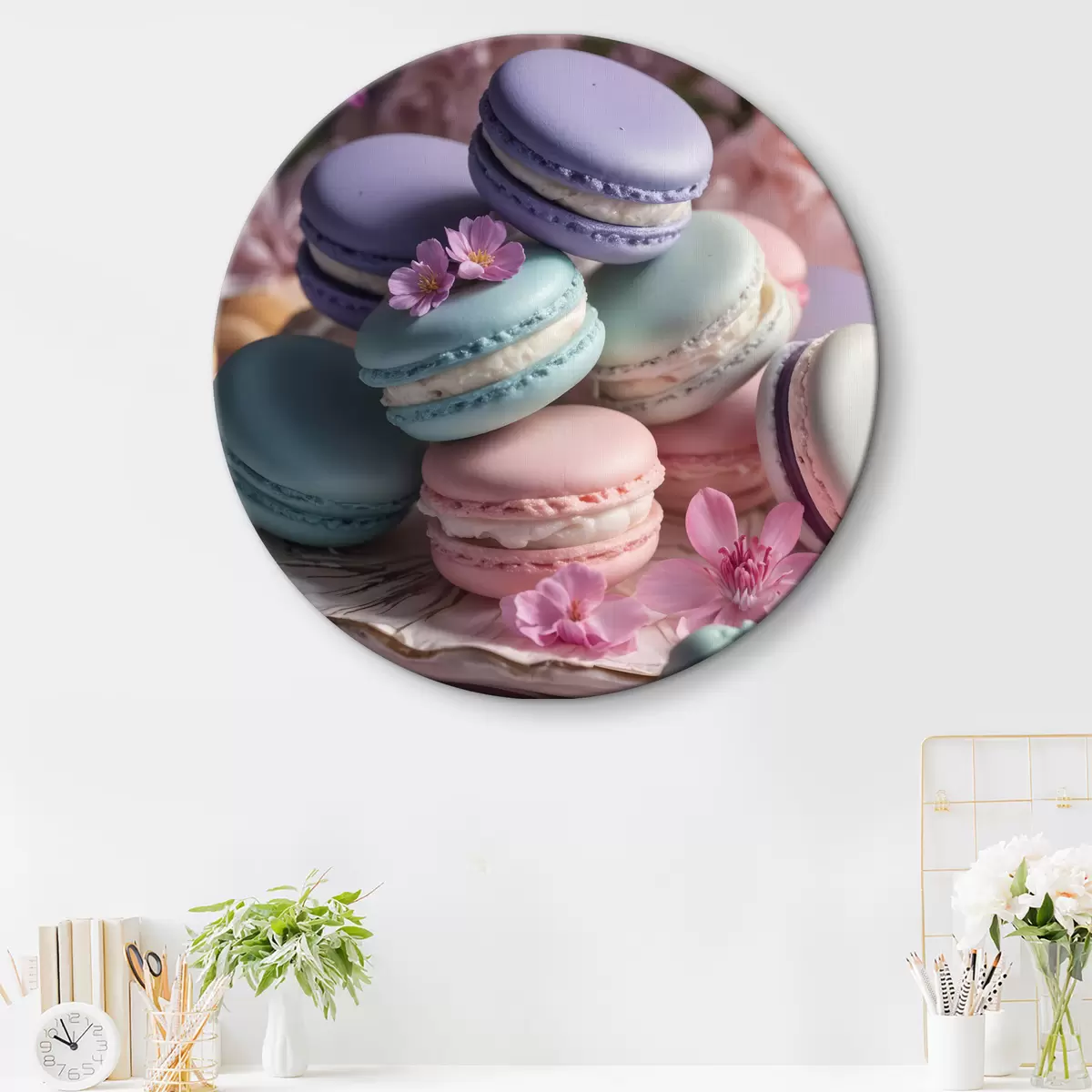 Quadri rotondi Macaron colorati con fiori rosa e viola su un piatto, primo piano r40546