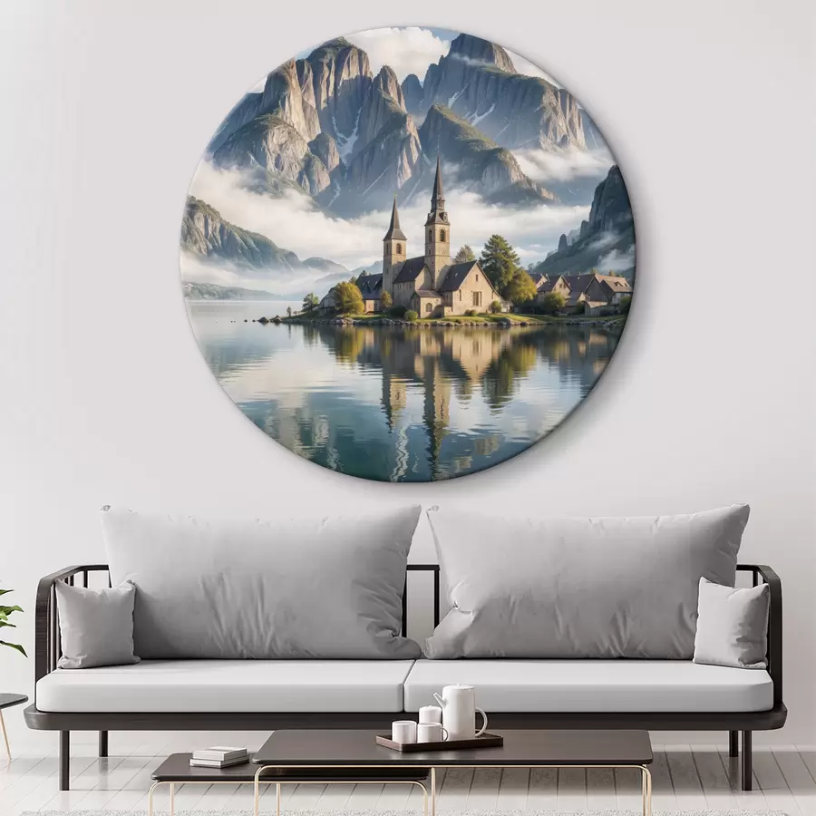 carta da parati Un pittoresco villaggio alpino situato su un tranquillo lago con le montagne innevate che lo sovrastano nr. r40554