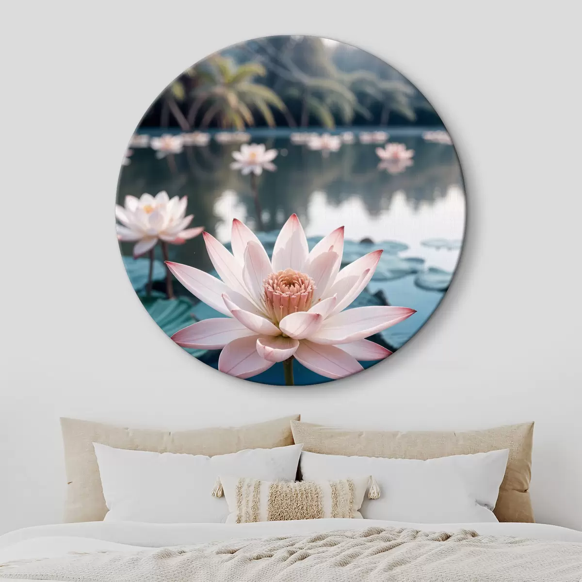 Quadri rotondi Uno stagno con fiori di loto rosa che galleggiano sulla superficie, circondato da una vegetazione lussureggiante e palme r40555