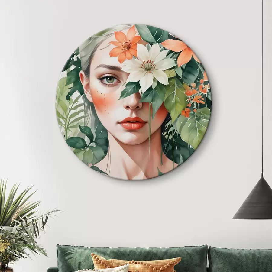 carta da parati Donna dai capelli biondi circondata da fiori tropicali bianchi e arancioni, foglie verdi e vegetazione nr. r40557