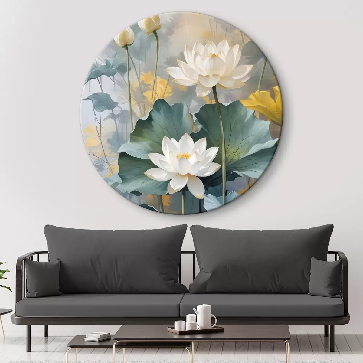 Quadri rotondi Fiori di loto bianchi in uno stagno con petali di ninfea verde, circondati da fiori gialli e sfondo sfocato r40559