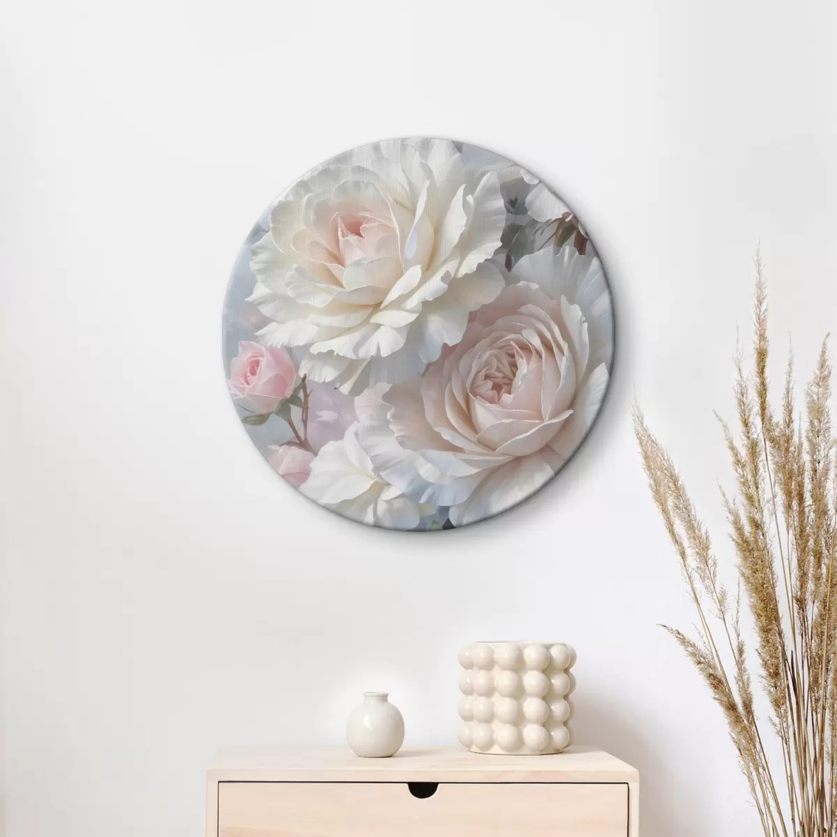 Quadri rotondi Rose bianche e rosa morbide e delicate con sfondo sfocato r40562