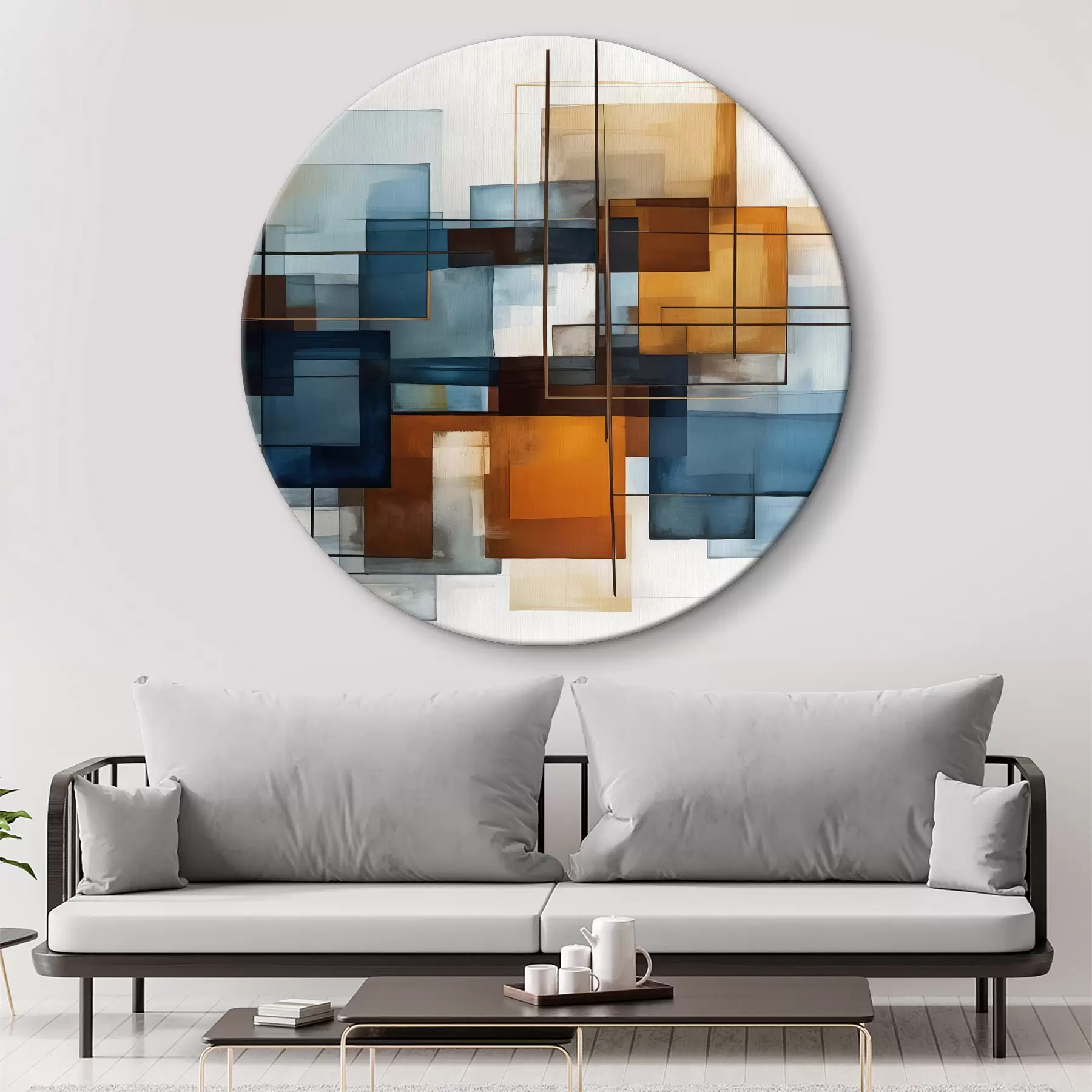 carta da parati Forme geometriche astratte nei toni del blu, dell'arancio e del marrone creano una composizione moderna e minimalista. nr. r40563