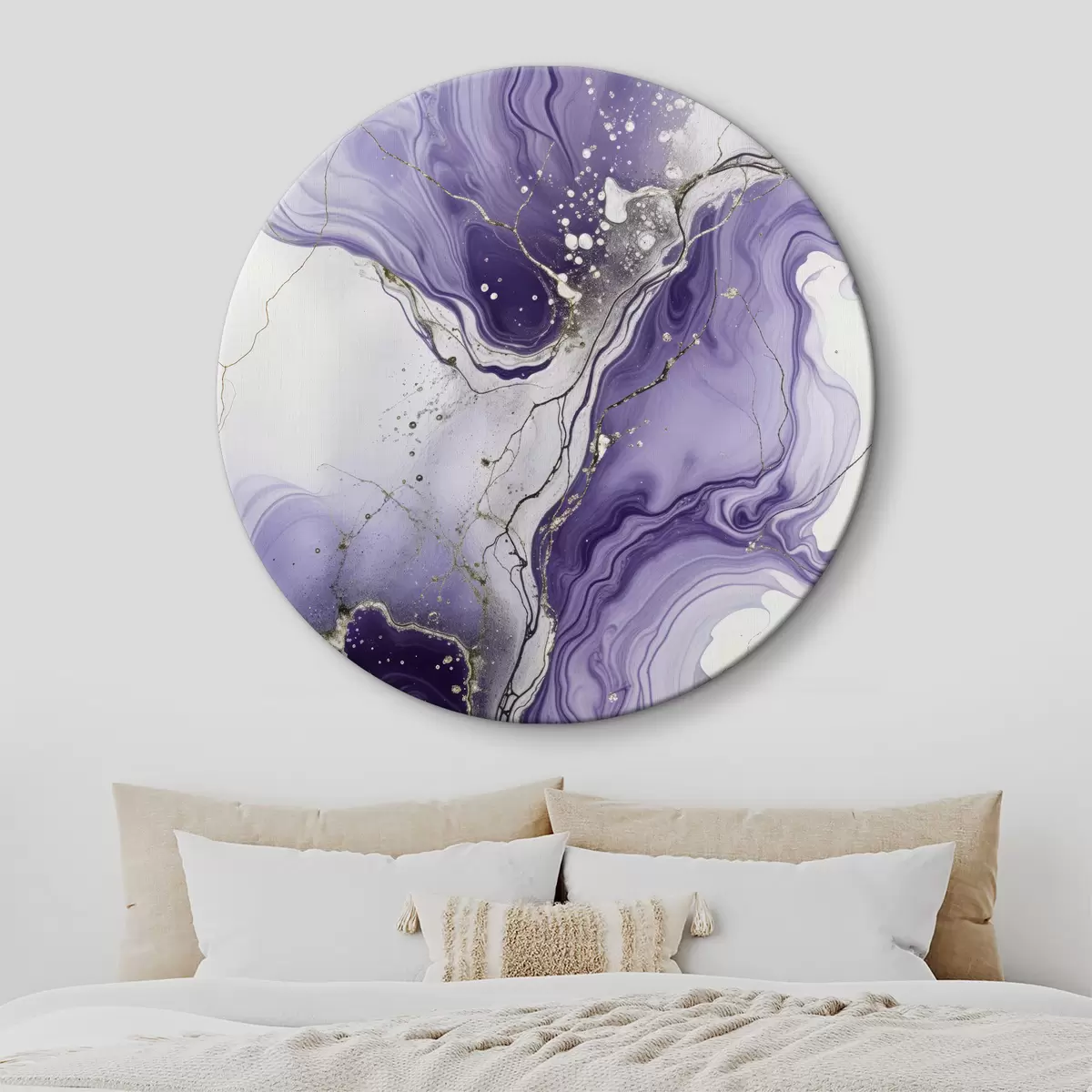 Quadri rotondi Composizione astratta di arte fluida stampata con inchiostri vorticosi viola, bianchi e grigi r40566