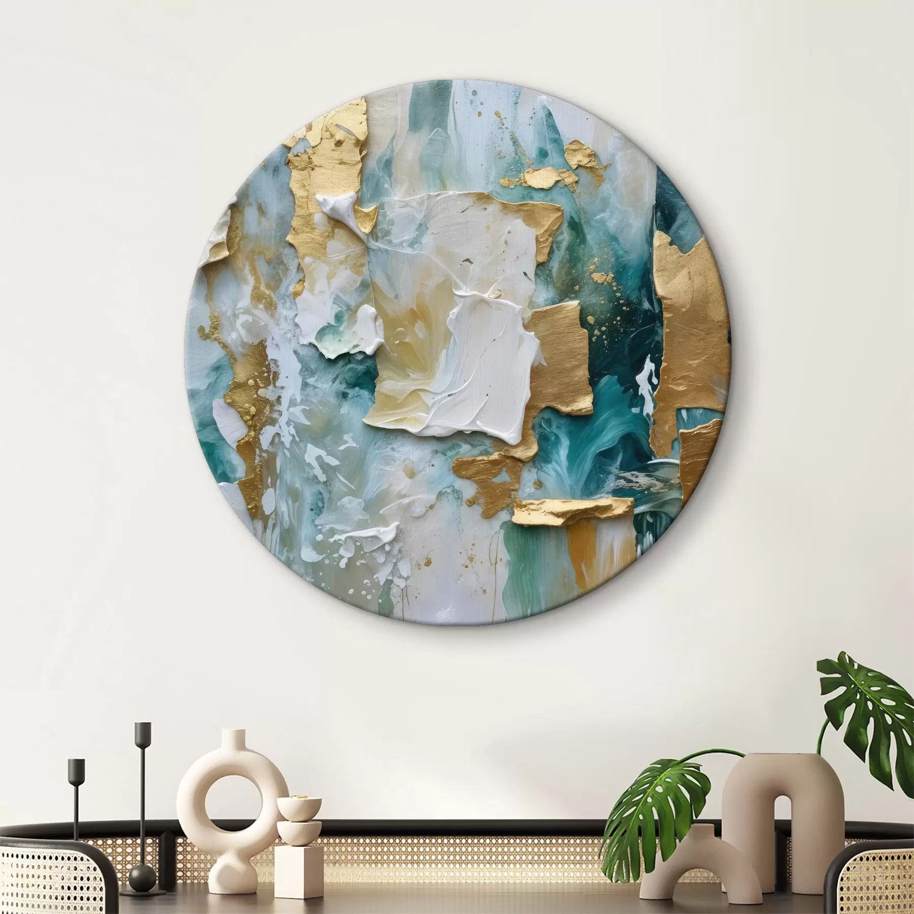 carta da parati La vernice scrostata con strati di bianco, blu e giallo crea una stampa astratta e strutturata nr. r40577