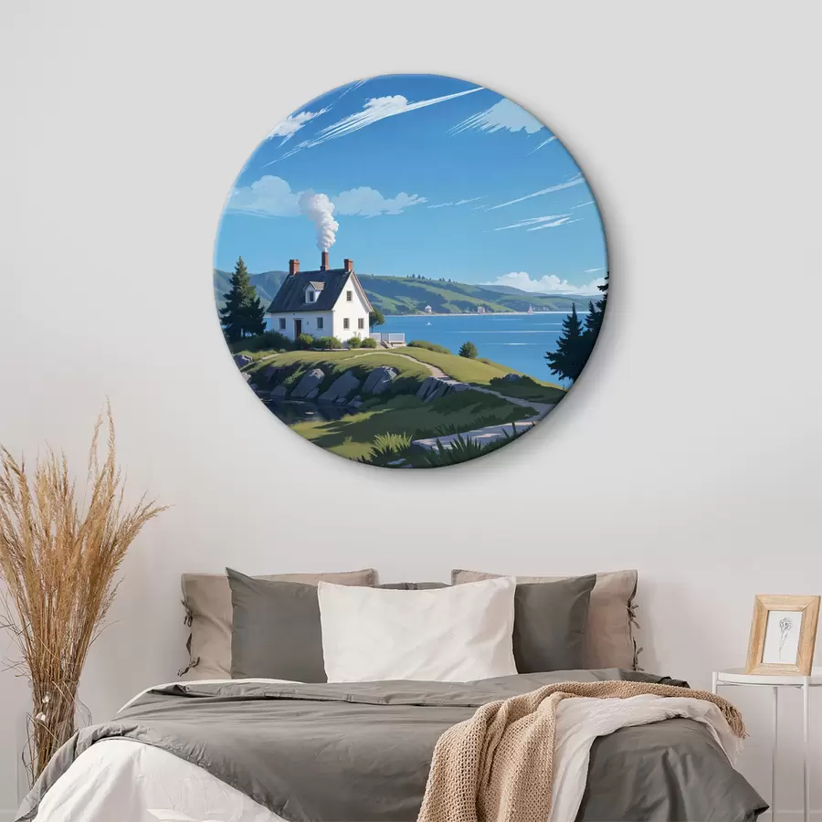 carta da parati Una casa bianca su una collina erbosa con montagne sullo sfondo e un cielo blu con nuvole gonfie nr. r40587