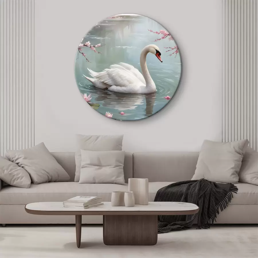 carta da parati Grazioso cigno bianco che nuota in uno stagno tranquillo circondato da ciliegi rosa in fiore nr. r40597