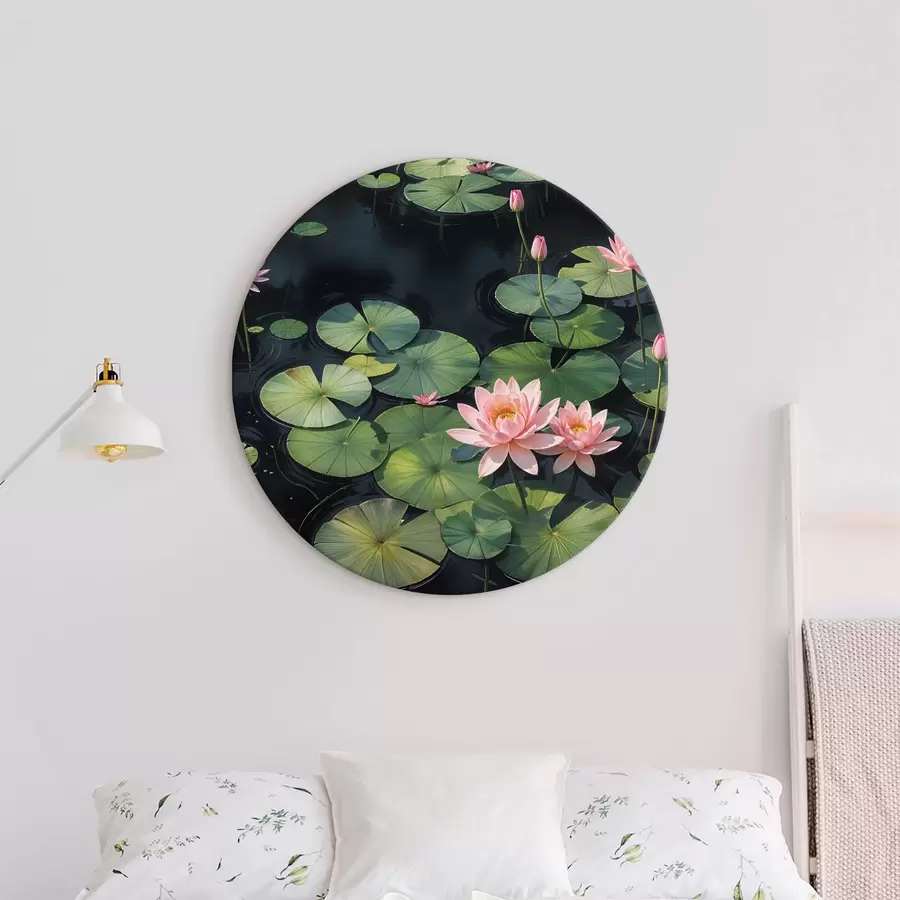 carta da parati Uno stagno con ninfee rosa e petali di giglio verde che galleggiano sulla superficie, circondato da uno sfondo scuro nr. r40598