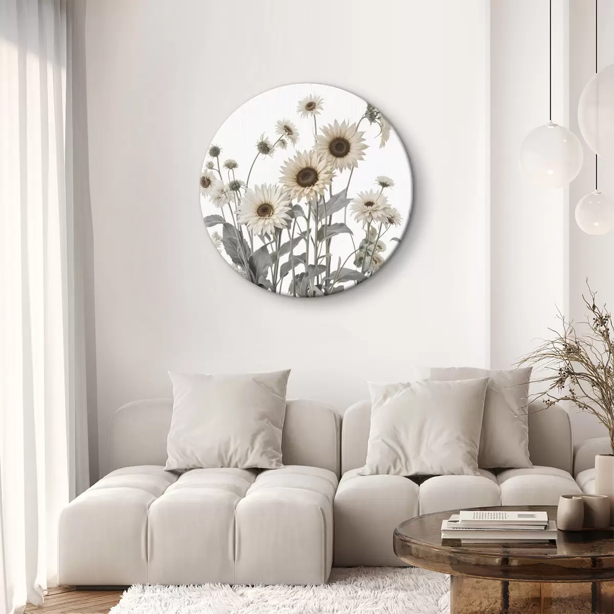 Quadri rotondi Un campo di fiori bianchi di margherita su sfondo bianco, con girasoli visibili sullo sfondo r40602