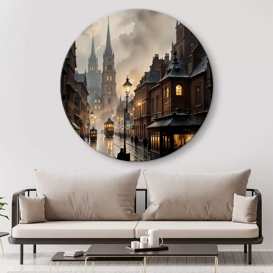 carta da parati Serata piovosa in una vecchia città europea, con strade acciottolate, edifici storici e un tram di passaggio nr. r40604