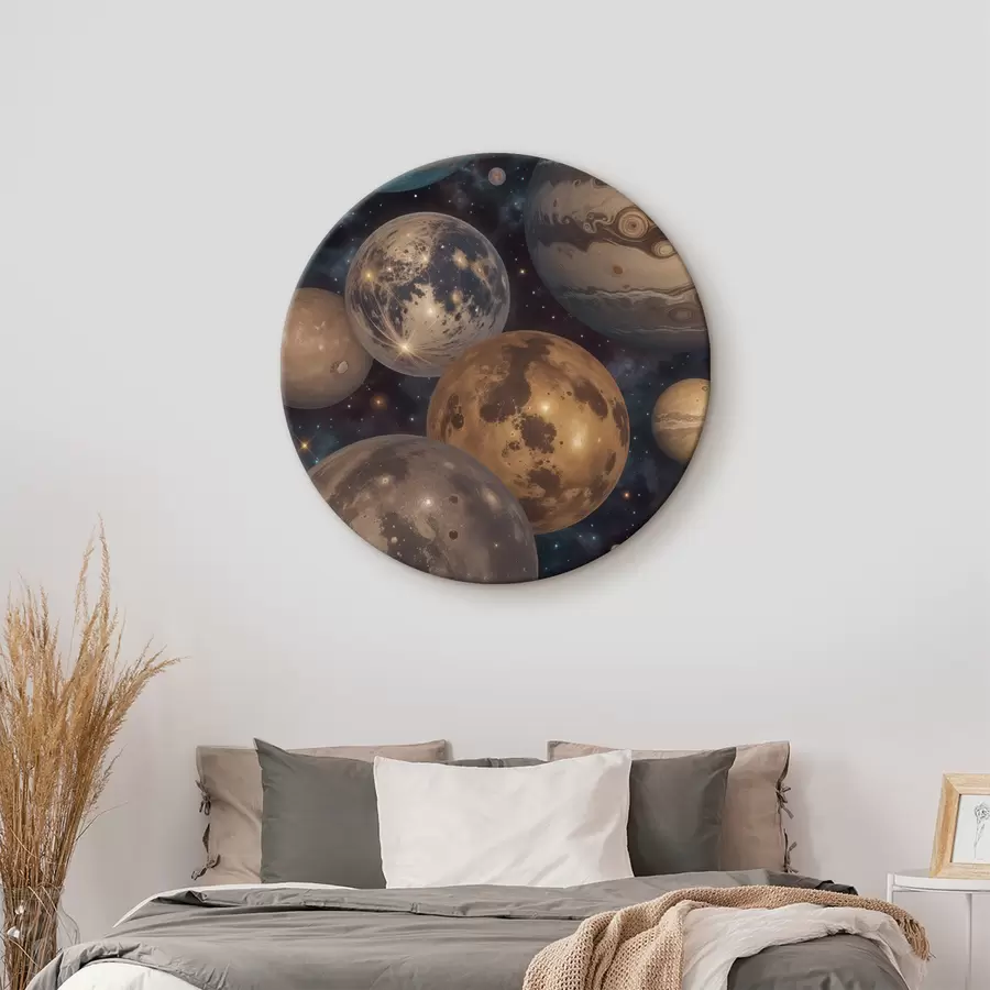 carta da parati Stampa spaziale astratta con pianeti e lune colorate che fluttuano nel cielo notturno stellato nr. r40607