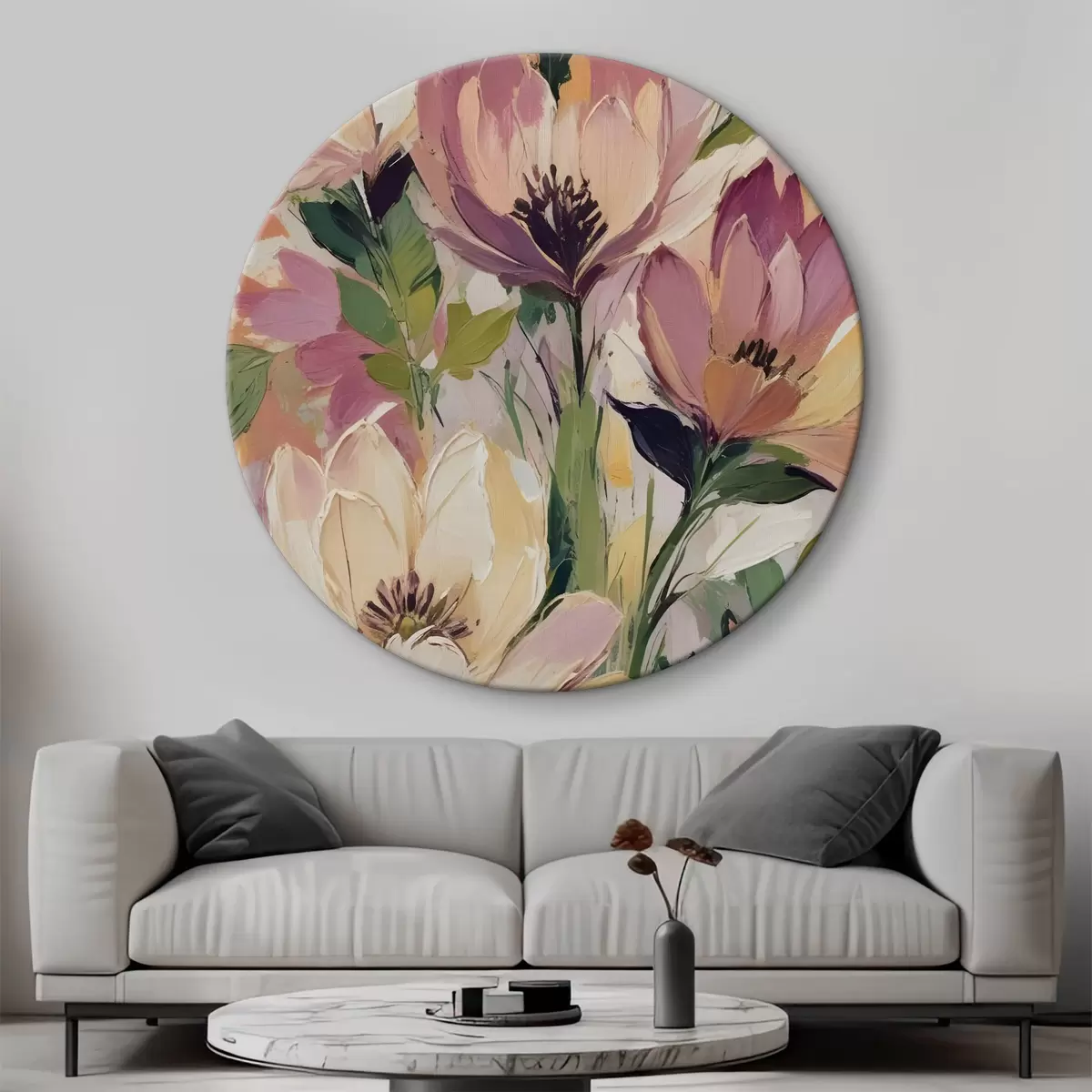 Quadri rotondi Una vivace composizione floreale con fiori grandi e colorati nei toni del rosa, del pesca e del giallo r40609
