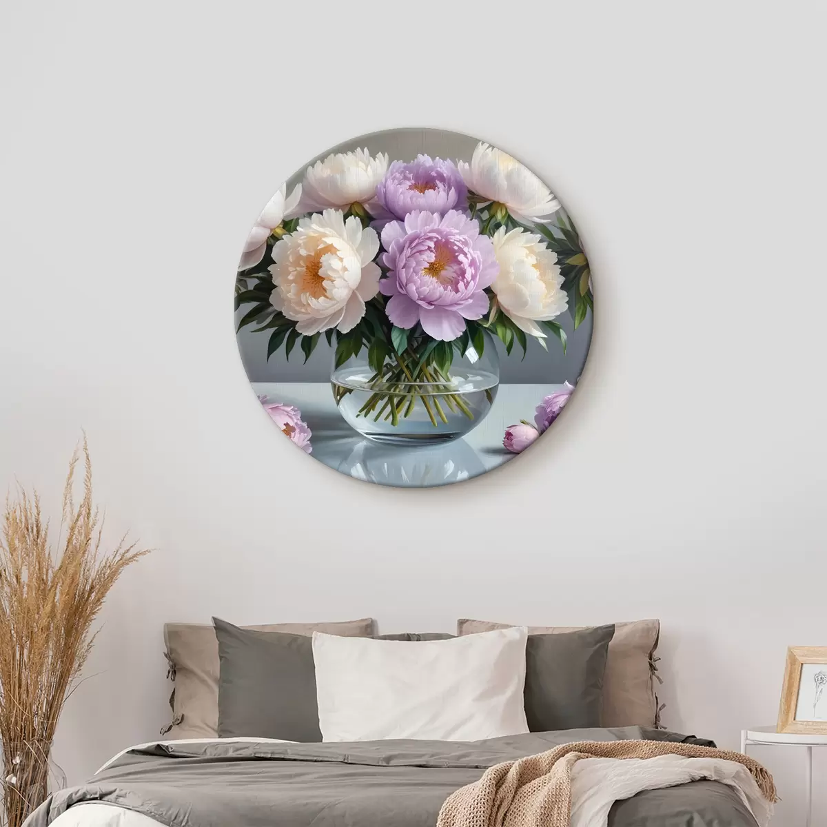 Quadri rotondi Un bouquet di grandi e lussureggianti peonie bianche e rosa in un vaso di vetro su sfondo grigio r40610