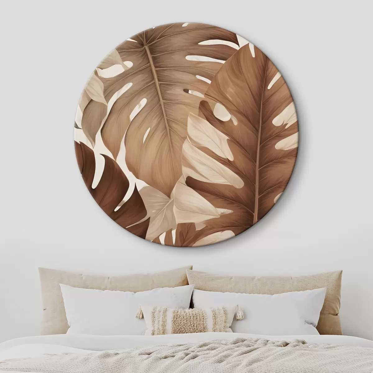 Quadri rotondi Stampa di foglie tropicali con una texture naturale e organica nei toni del marrone e del beige r40613