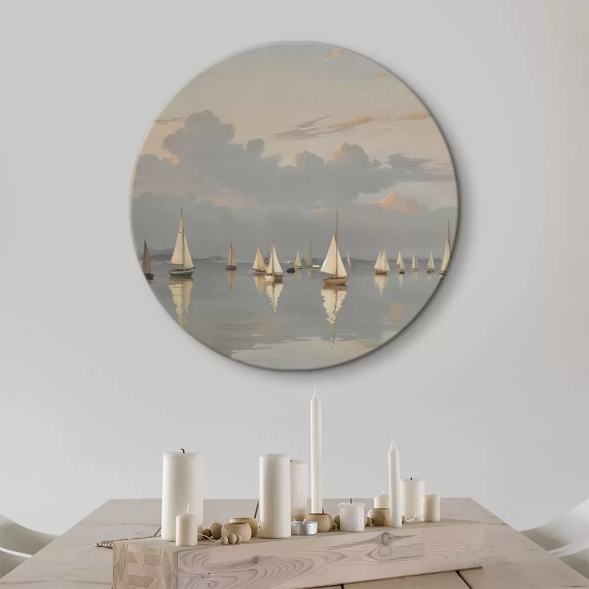 Quadri rotondi Una flotta di barche a vela bianche su uno specchio d'acqua calmo e riflettente al tramonto, con un cielo nuvoloso sullo sfondo r40615