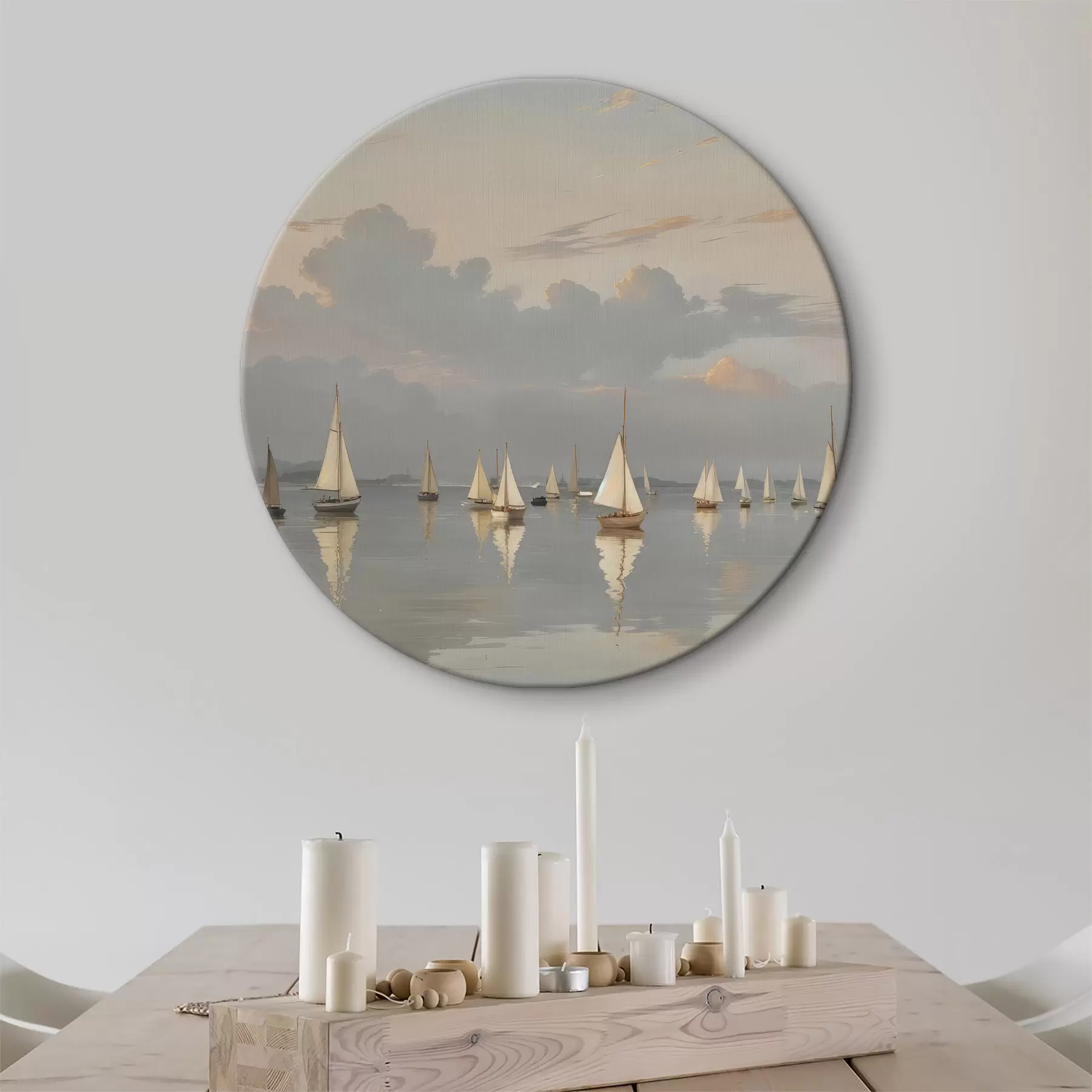 carta da parati Una flotta di barche a vela bianche su uno specchio d'acqua calmo e riflettente al tramonto, con un cielo nuvoloso sullo sfondo nr. r40615