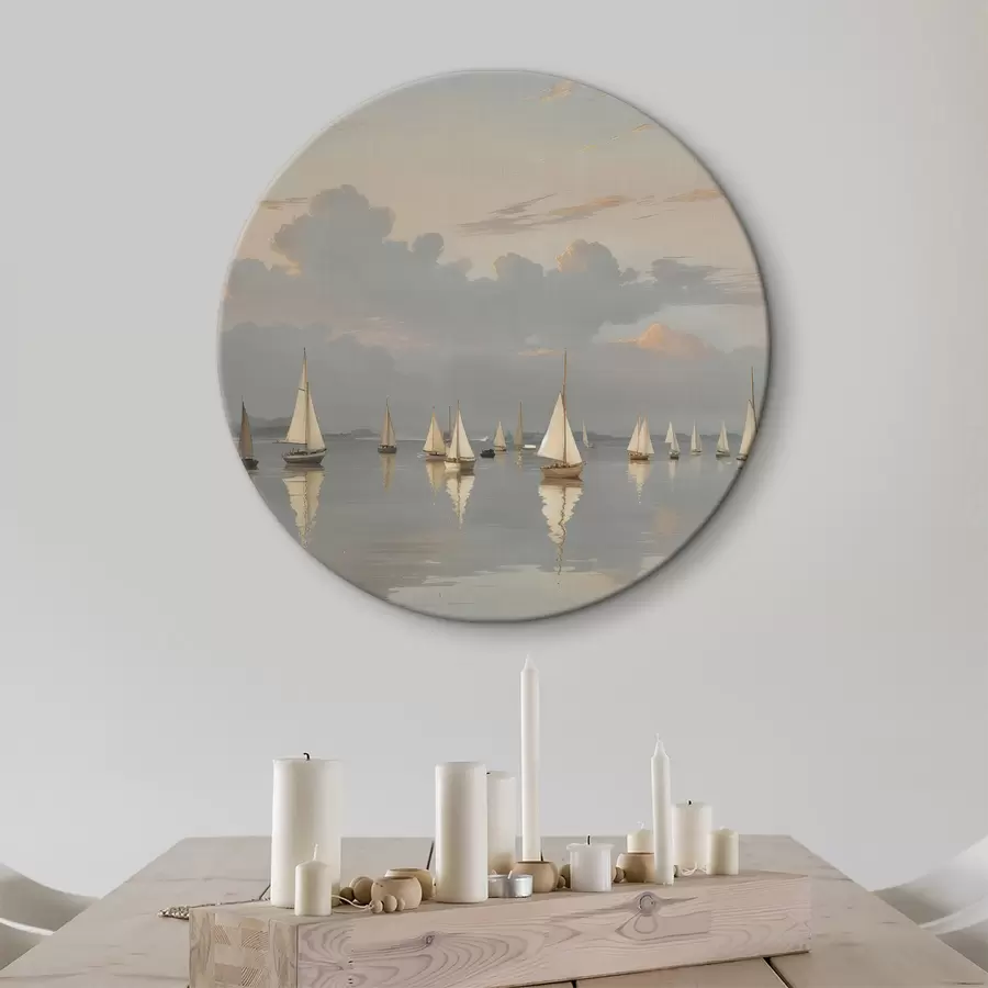 carta da parati Una flotta di barche a vela bianche su uno specchio d'acqua calmo e riflettente al tramonto, con un cielo nuvoloso sullo sfondo nr. r40615