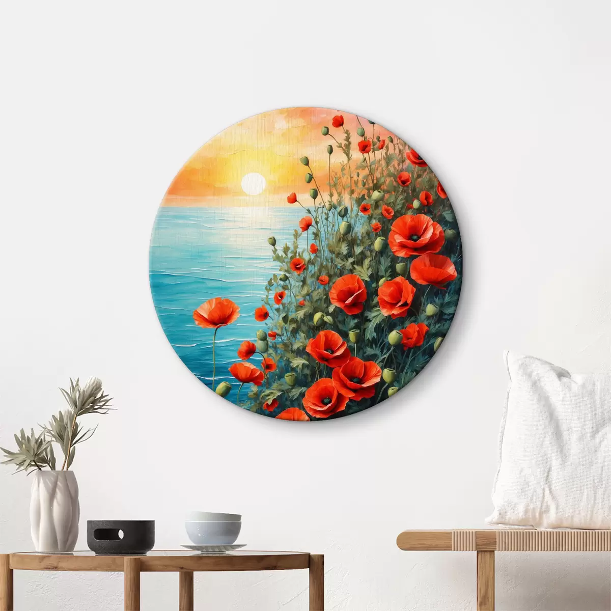 Quadri rotondi Papaveri in fiore sullo sfondo del mare r40637
