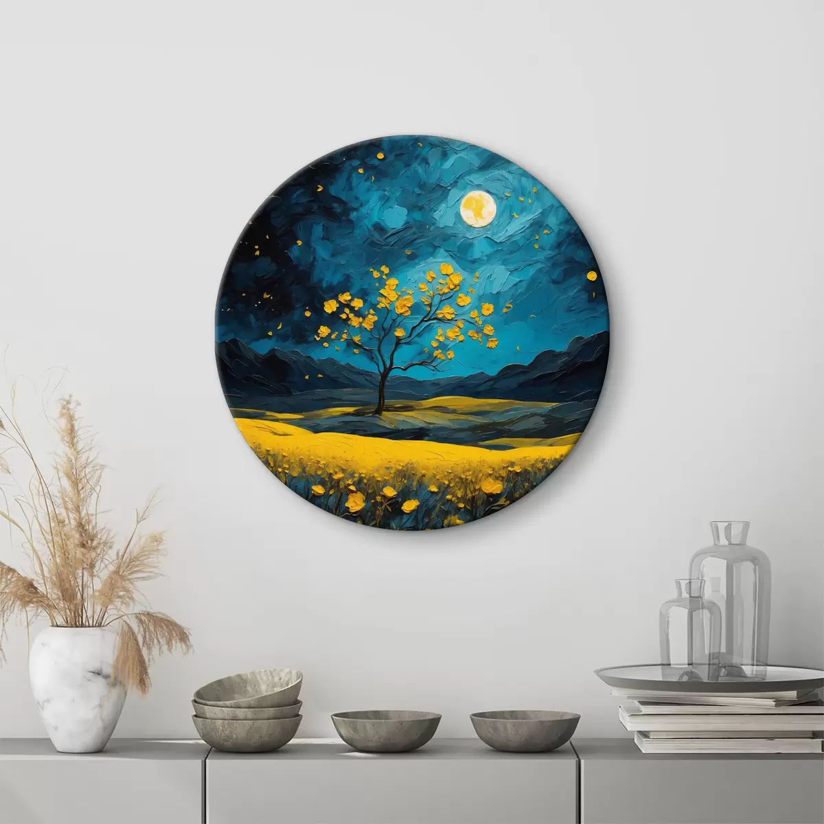 Quadri rotondi Campo di fiori gialli di notte r40643