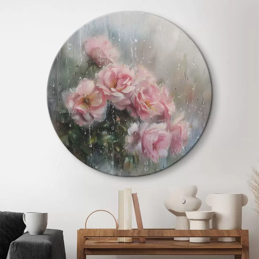 carta da parati Un bouquet di rose rosa fuori dalla finestra in un tempo piovoso nr. r40656