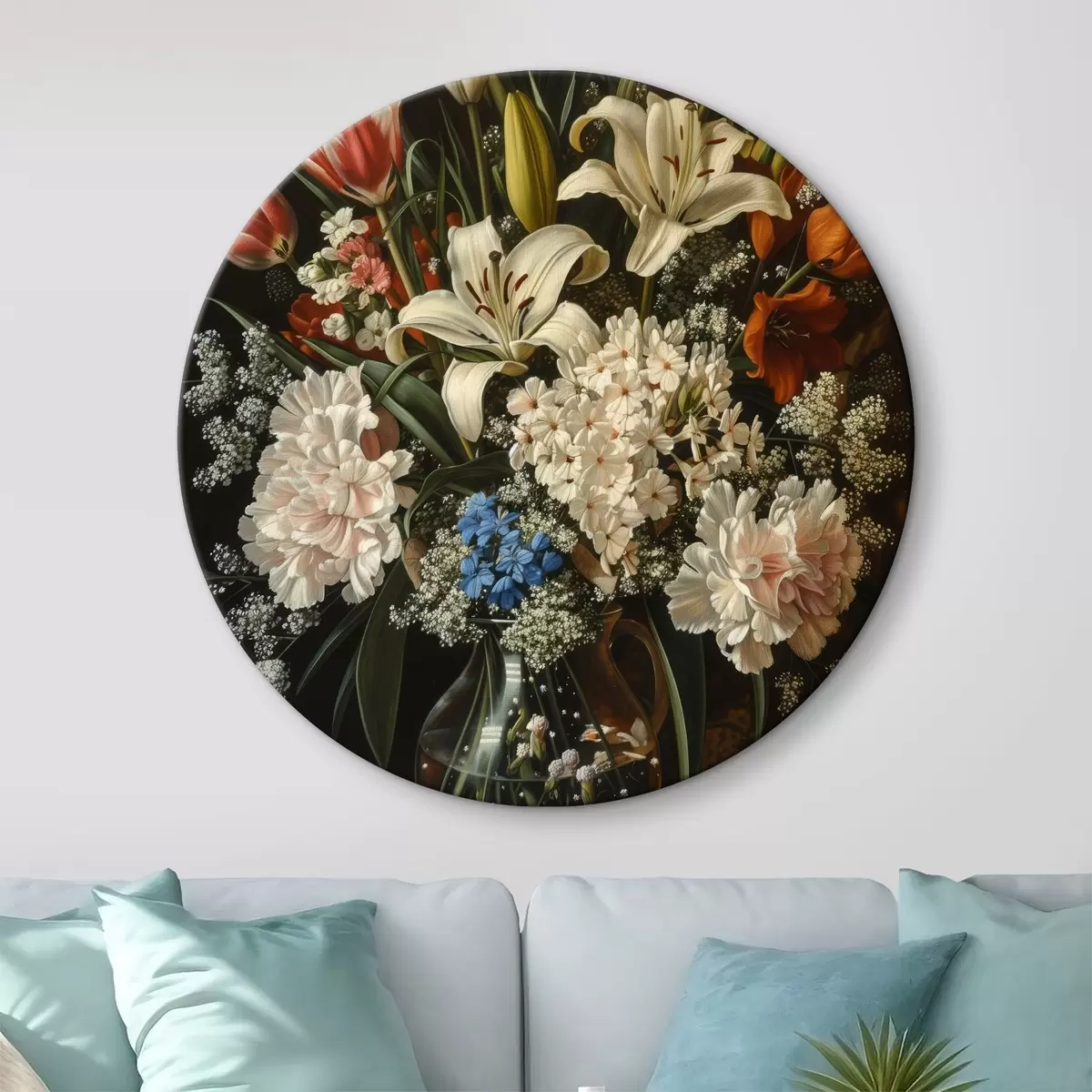 Quadri rotondi Natura morta barocca con vaso pieno di tulipani, garofani e giacinti, imitazione di un dipinto a olio r40659