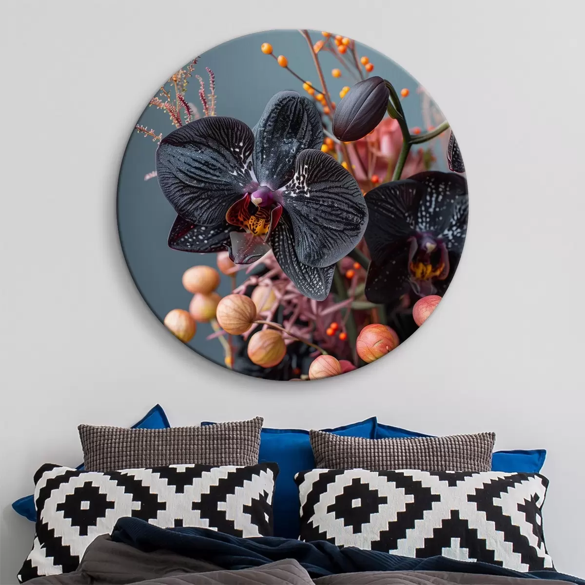 Quadri rotondi Elegante composizione floreale con orchidea nera e altre piante r40662