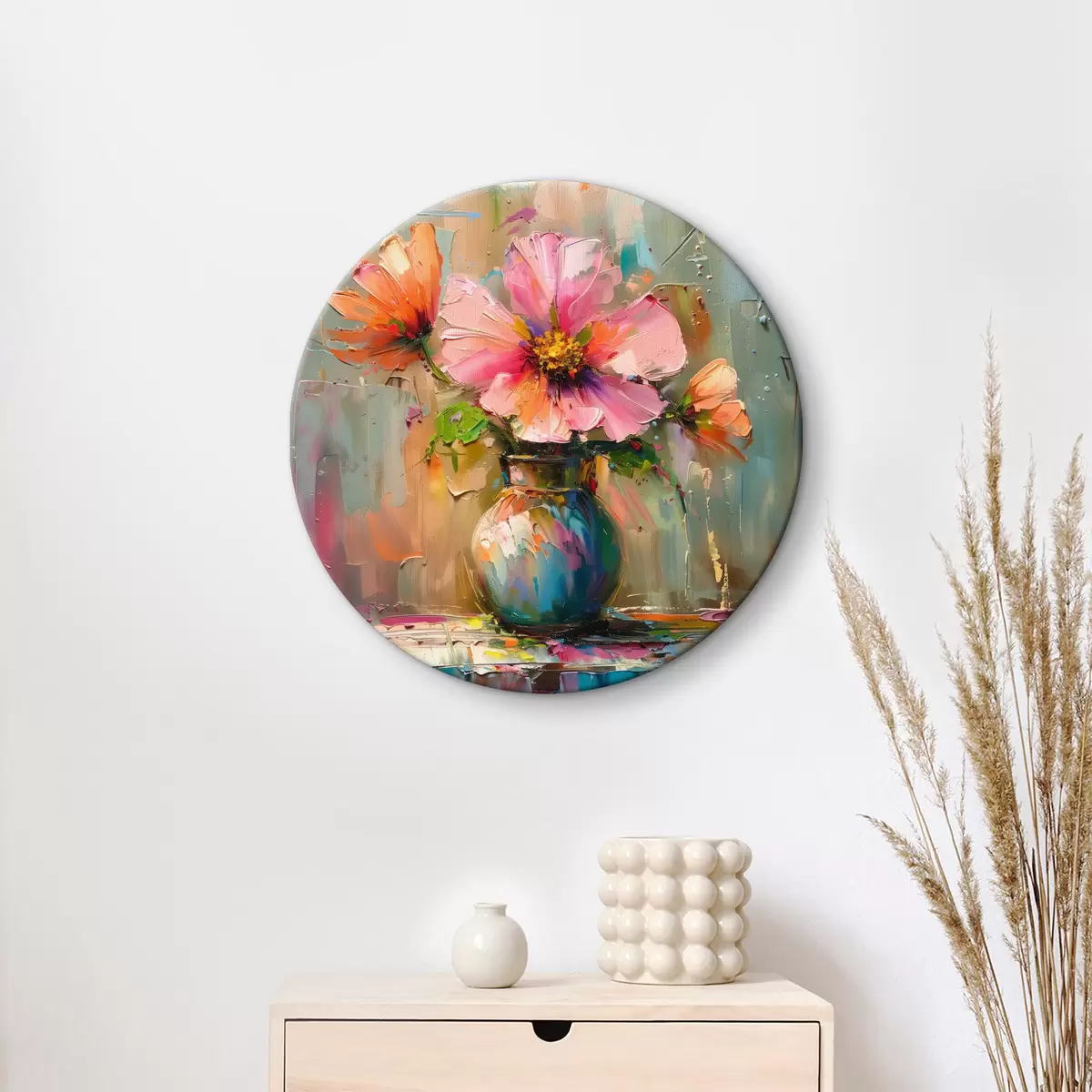 Quadri rotondi Fiore colorato in un vaso con grandi pennellate di pittura ad olio r40664