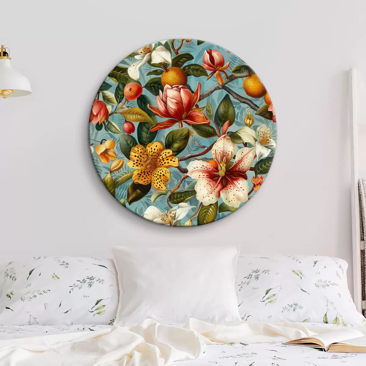 Quadri rotondi Composizione tropicale con vari fiori verdi e tropicali su sfondo blu r40665