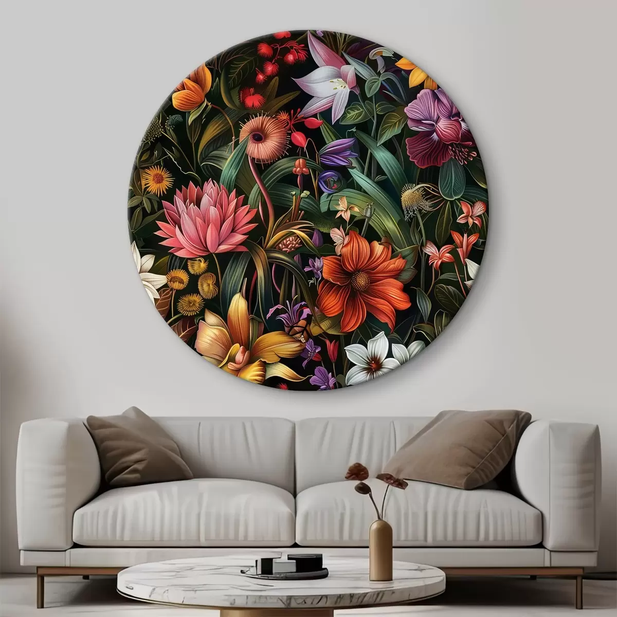 Quadri rotondi Composizione tropicale con vari tipi di verde e fiori tropicali r40667