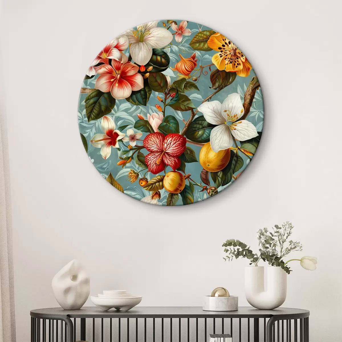 Quadri rotondi Composizione con vari fiori verdi e tropicali su uno sfondo blu r40668