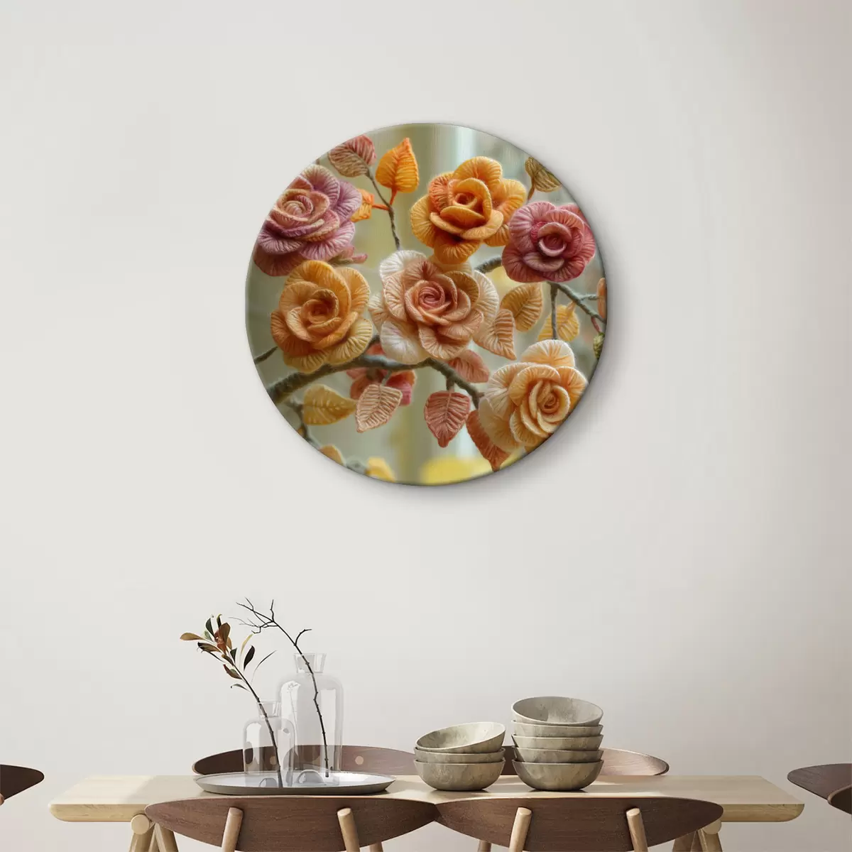 Quadri rotondi Rose tessute in morbida e soffice lana su legno r40674