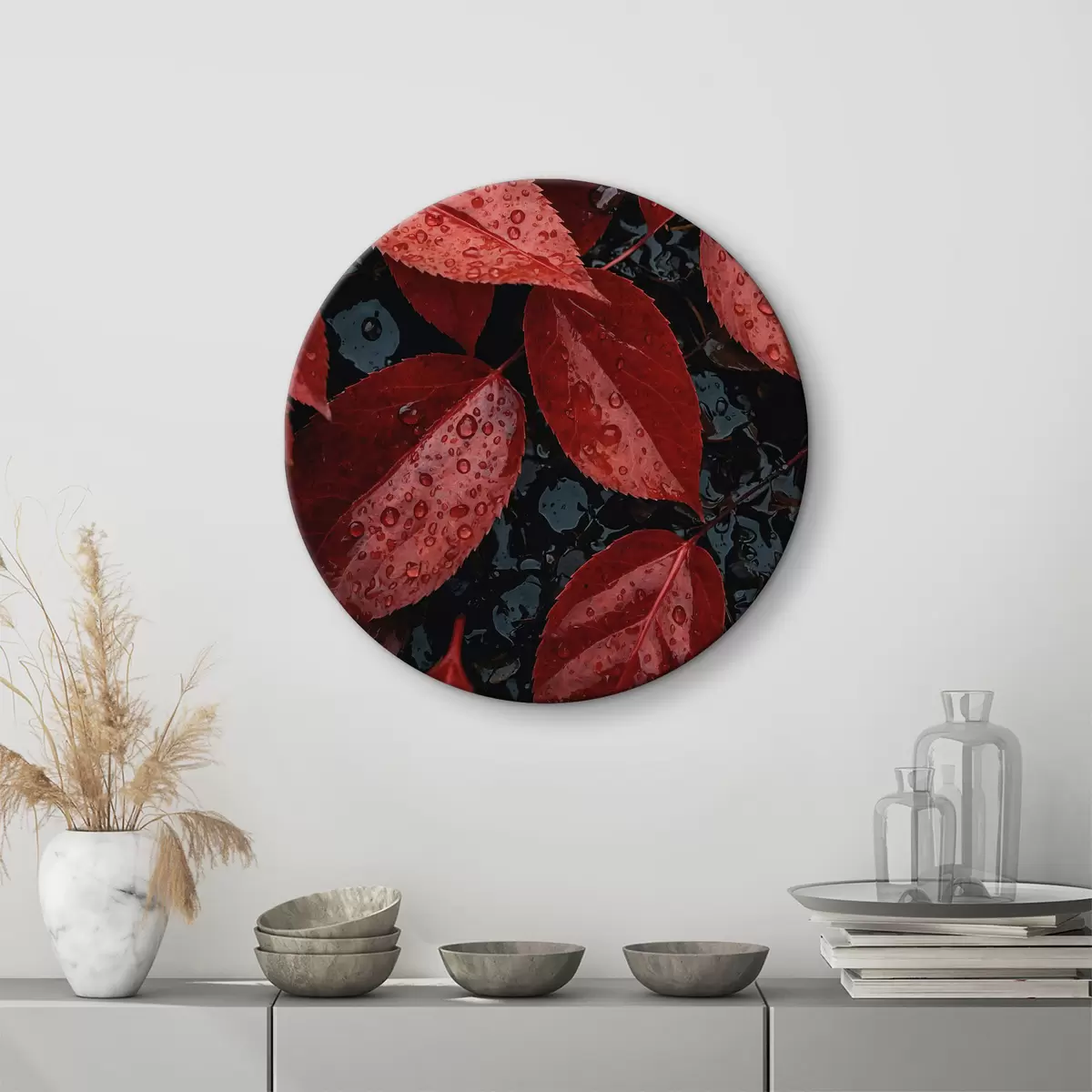 Quadri rotondi Rugiada sulle foglie rosse r40705