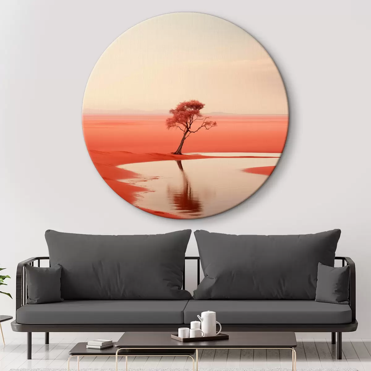 Quadri rotondi Minimalista albero paesaggio vicino al fiume, rosso, colore grigio r40722