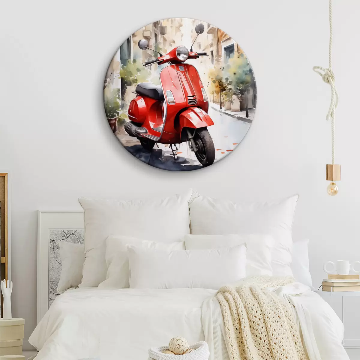 Quadri rotondi Moto rossa sulla strada di Roma acquerello r40728