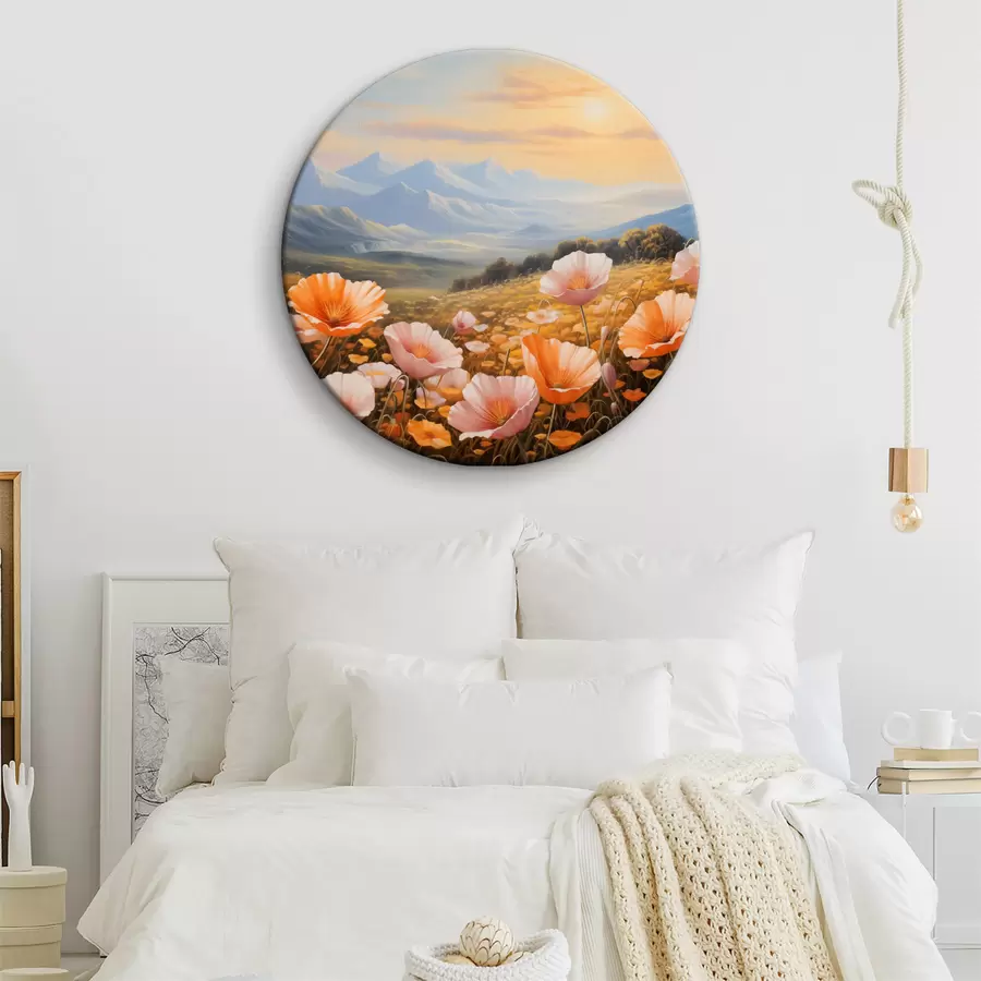 carta da parati Un campo di papaveri all'alba con le montagne sullo sfondo nr. r40730