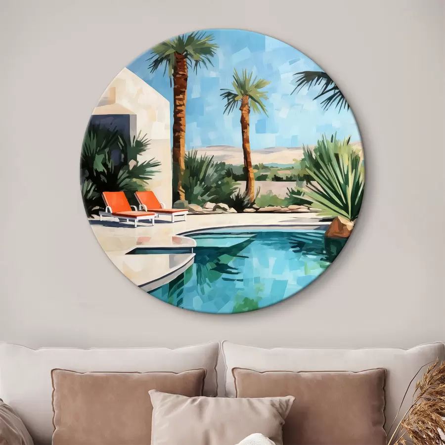 carta da parati Palme vicino all'hotel con piscina vicino alle rocce, colori blu, verde, rosso nr. r40748