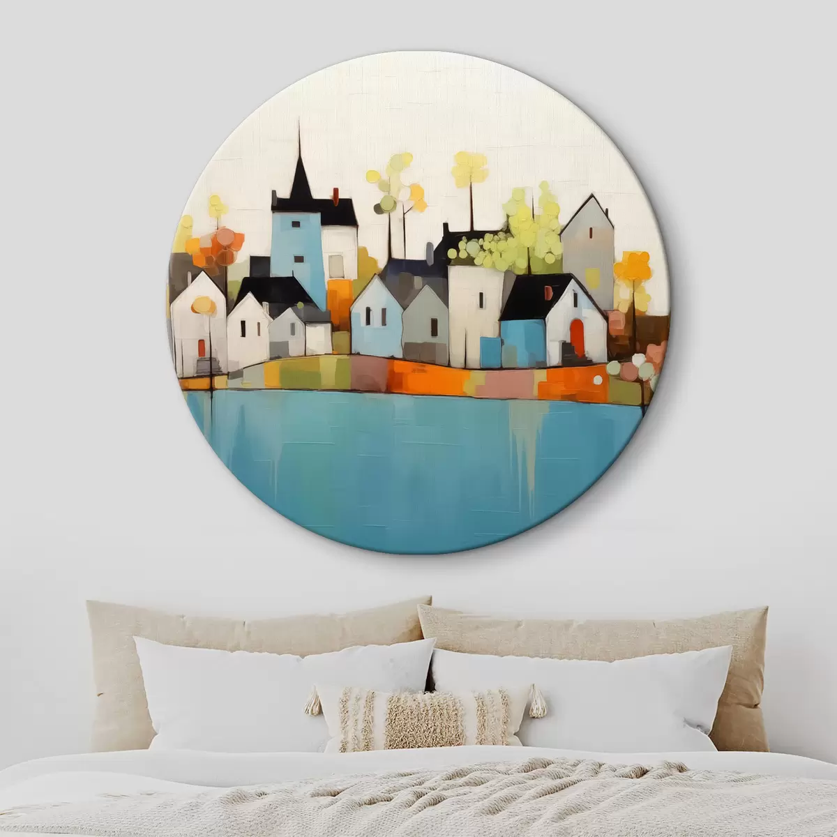 Quadri rotondi Città astratta e case, colori blu, giallo, rosso r40751