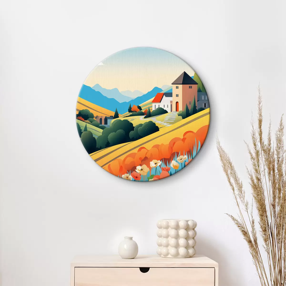 Quadri rotondi Luminoso paesaggio rurale con campi, papaveri e case r40756