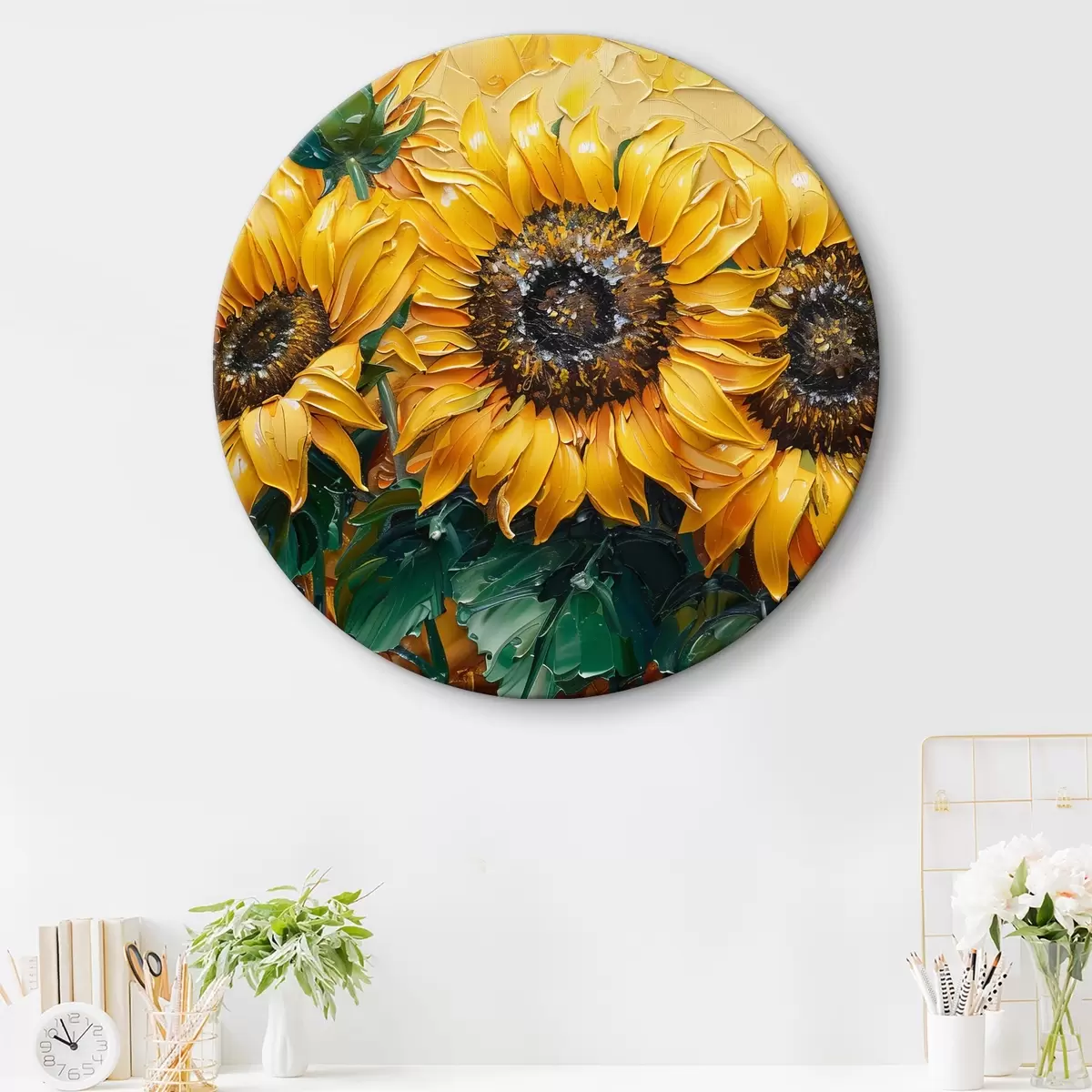 Quadri rotondi Girasoli luminosi, pittura a olio r40787