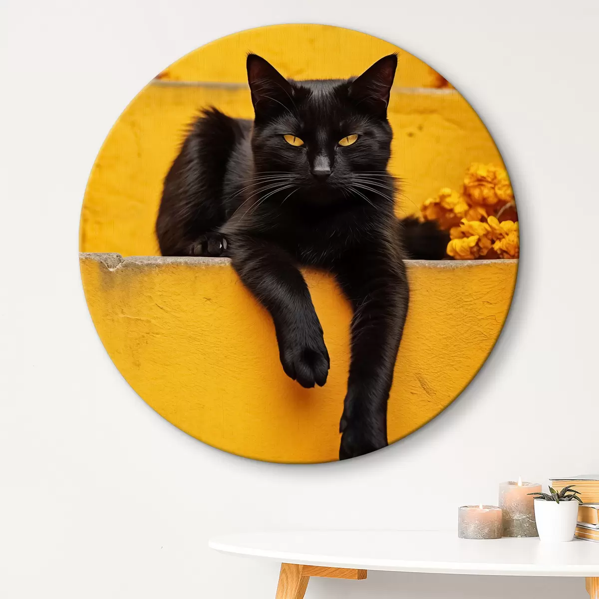 Quadri rotondi Un gatto nero giace sulle scale gialle r40798