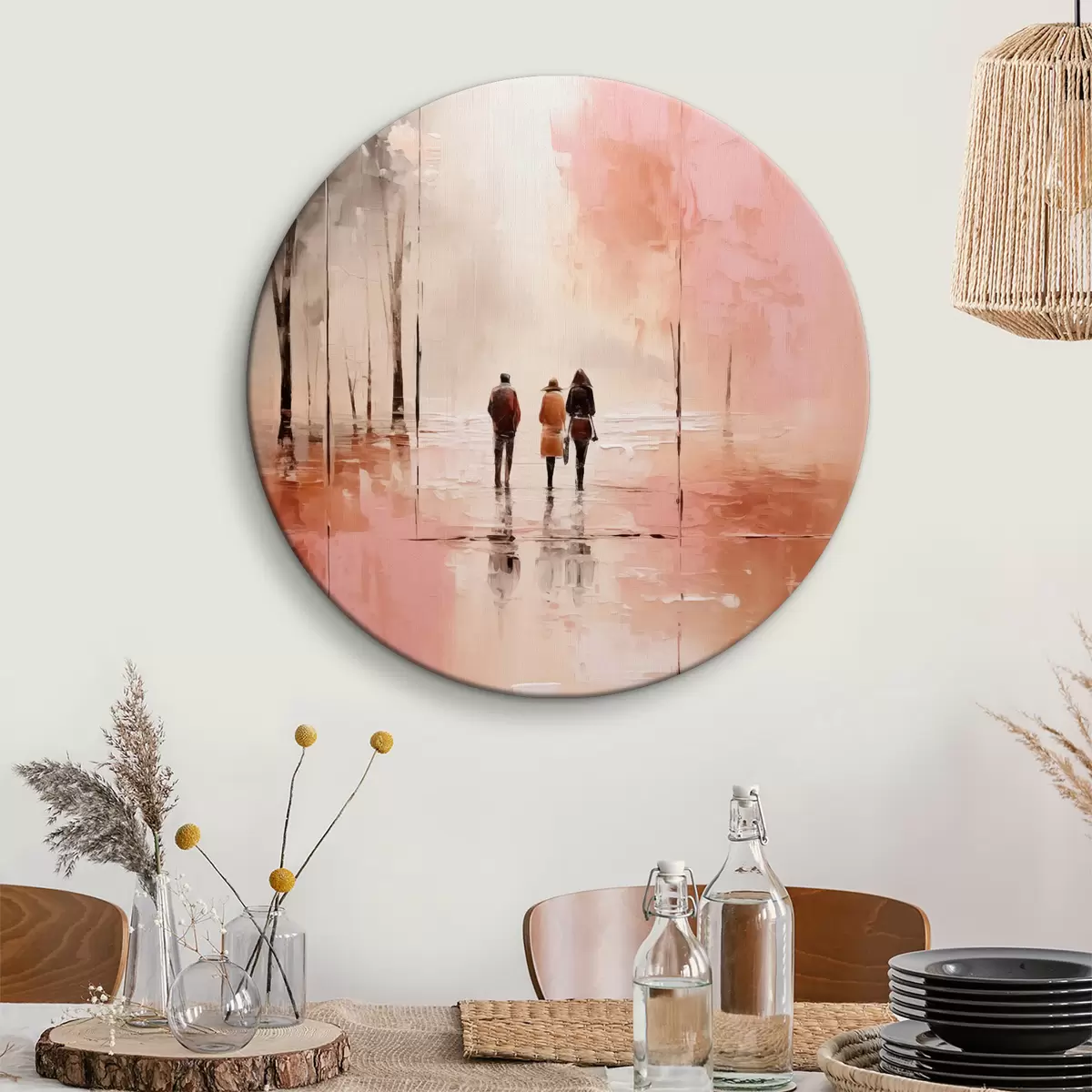 Quadri rotondi Persone che camminano nel parco astrazione, colore rosa rosso r40802