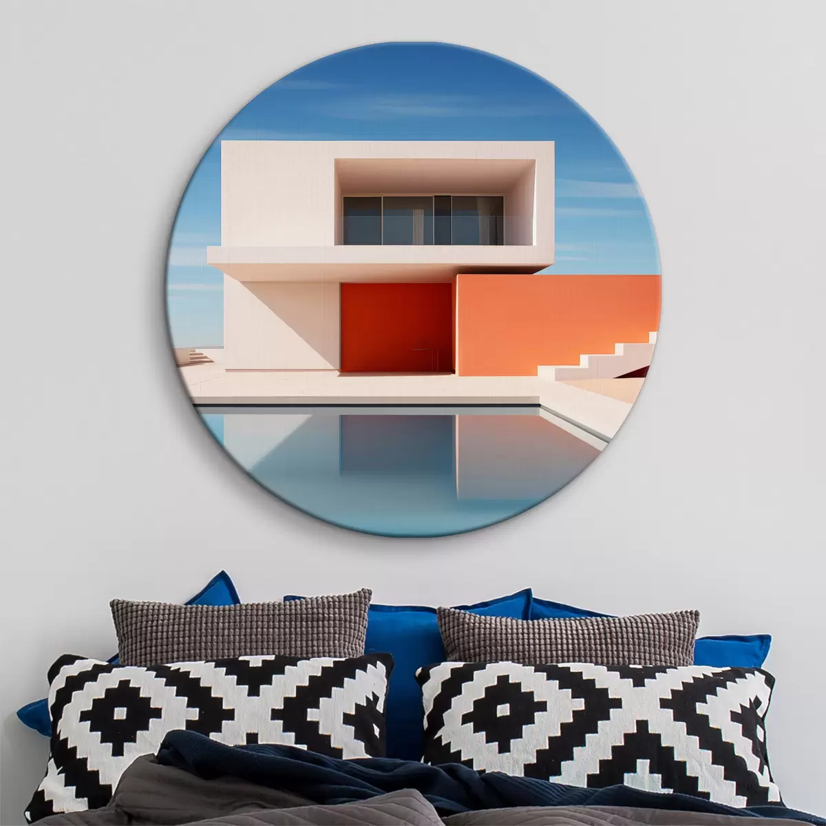 Quadri rotondi Paesaggio architettonico minimalista, casa e piscina r40811