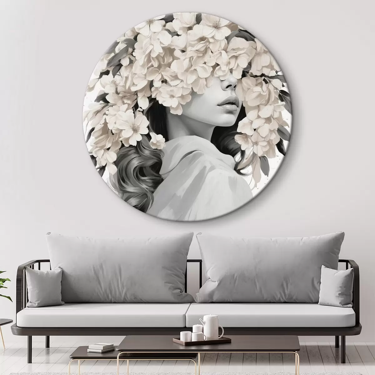 Quadri rotondi Ragazza con fiori sul viso nei colori bianco e nero r40849