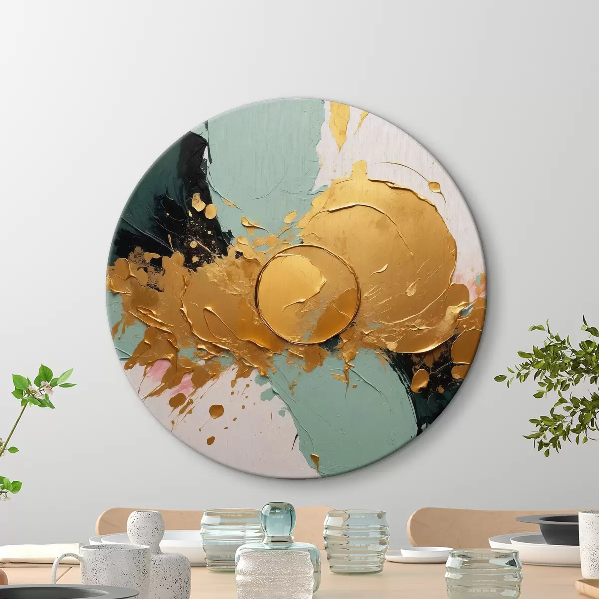 Quadri rotondi Pittura ad olio astratta nei colori bianco, nero e giallo r40855
