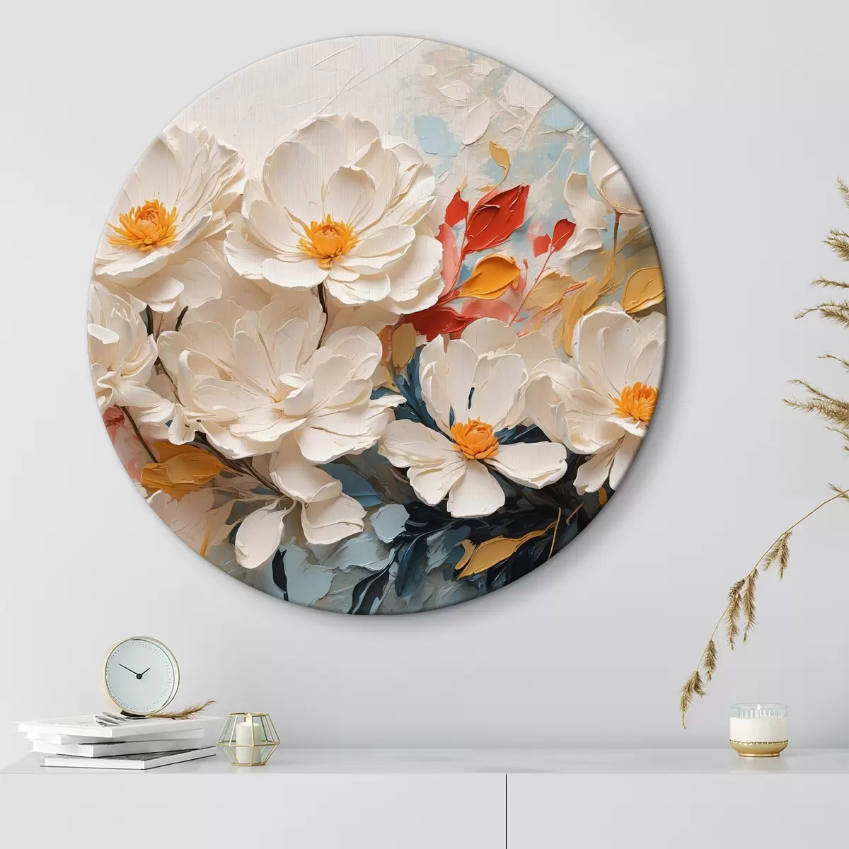 Quadri rotondi Fiori bianchi astratti in olio r40862
