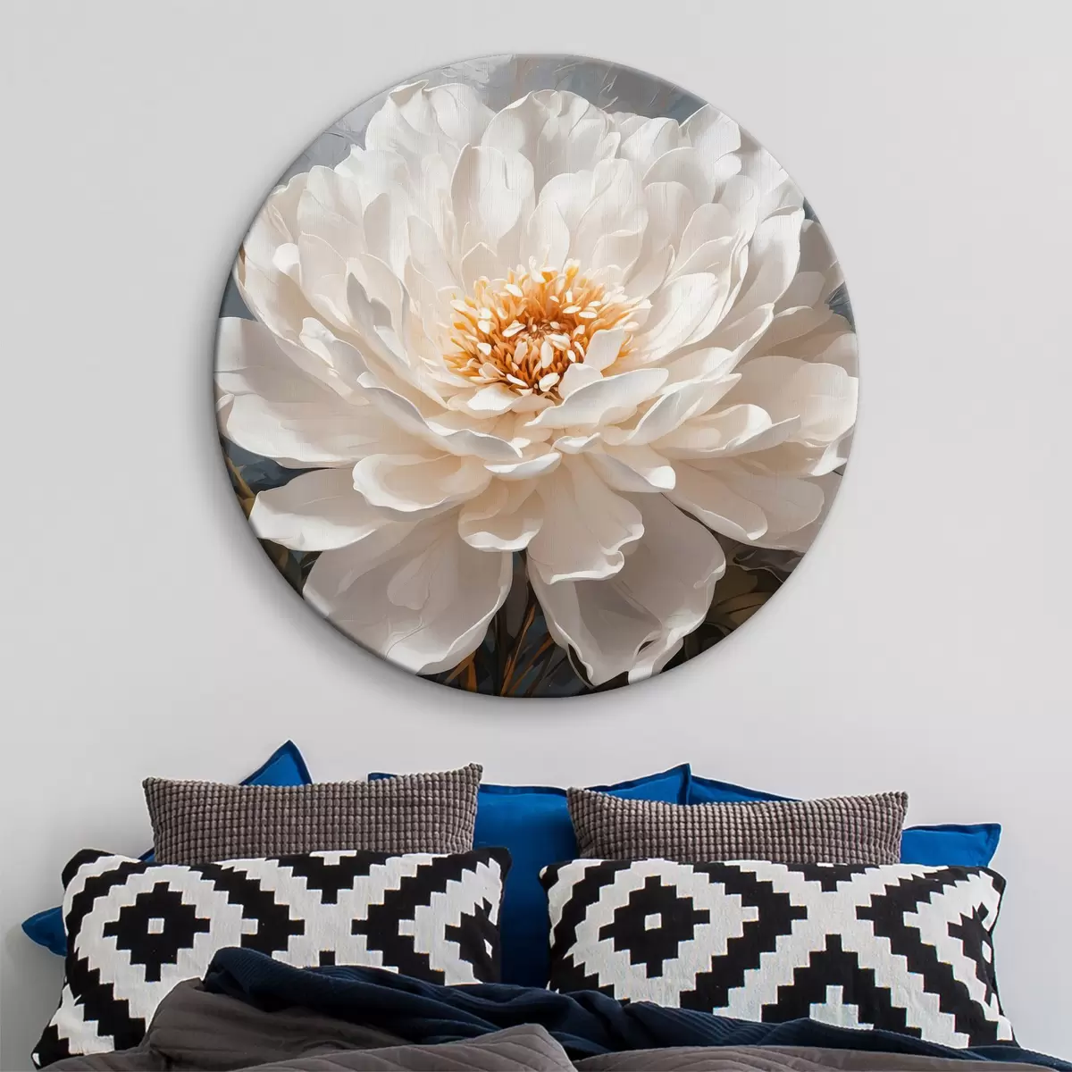 Quadri rotondi Fiori bianchi su sfondo grigio r40868