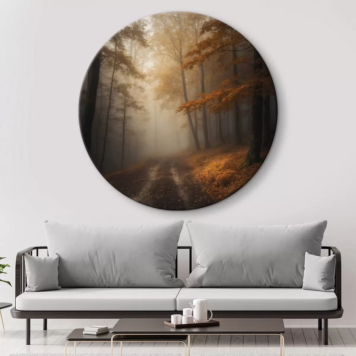Quadri rotondi Strada in autunno, foresta nebbiosa r40874