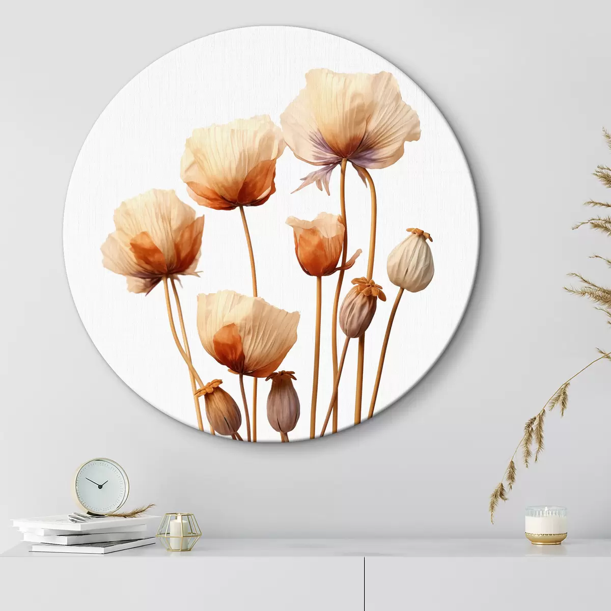 Quadri rotondi Fiori di papavero su steli essiccati minimalismo r40883